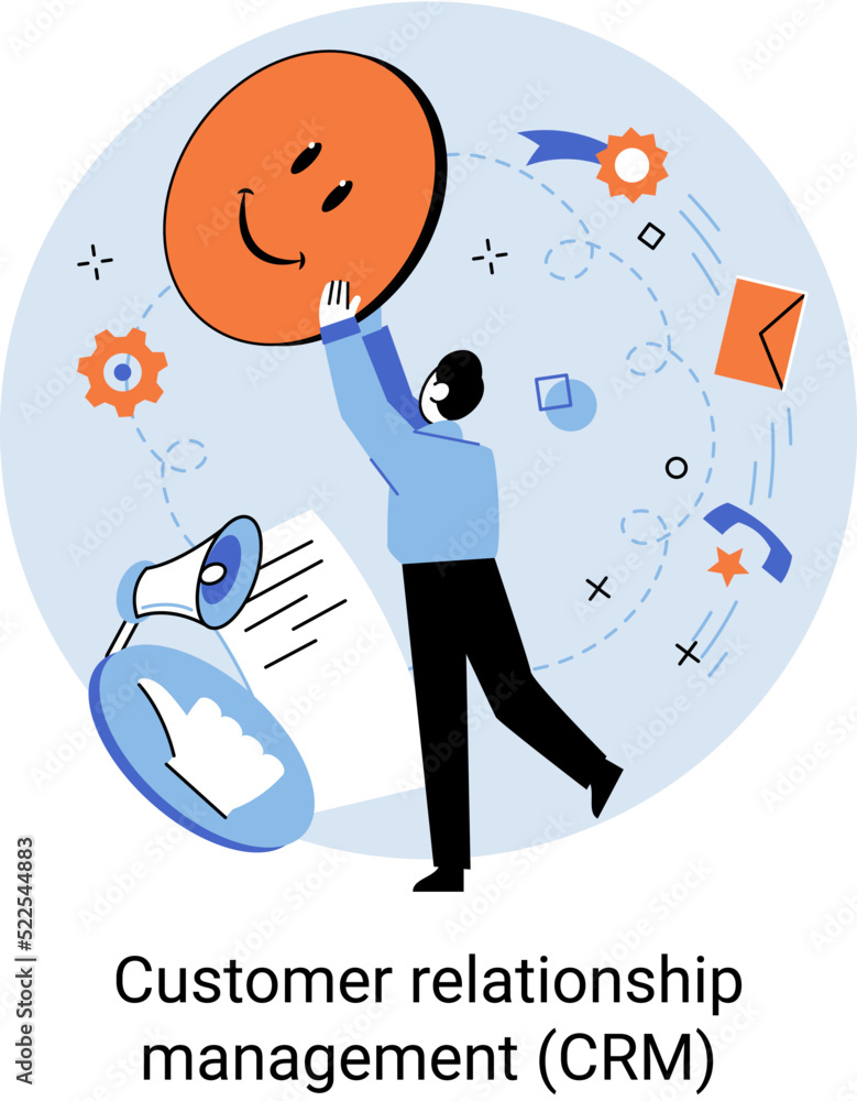 Poster crm metaphor. customer relationship management. application software for organizations automatisatio
