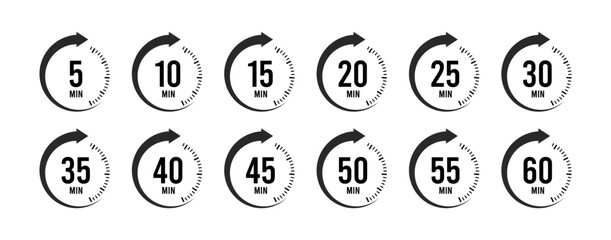 Clocks icon collection design. Countdown 5, 10, 15, 20, 25, 30, 35, 40, 45, 50, 55, 60 minutes. Timer, clock, stopwatch.