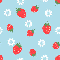 Seamless pattern with retro daisy flower and strawberry fruit on blue background vector illustration. Cute fruit print.