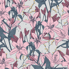 Seamless vector pattern. Lily flower drawing. Hand Drawn Botanical pattern.