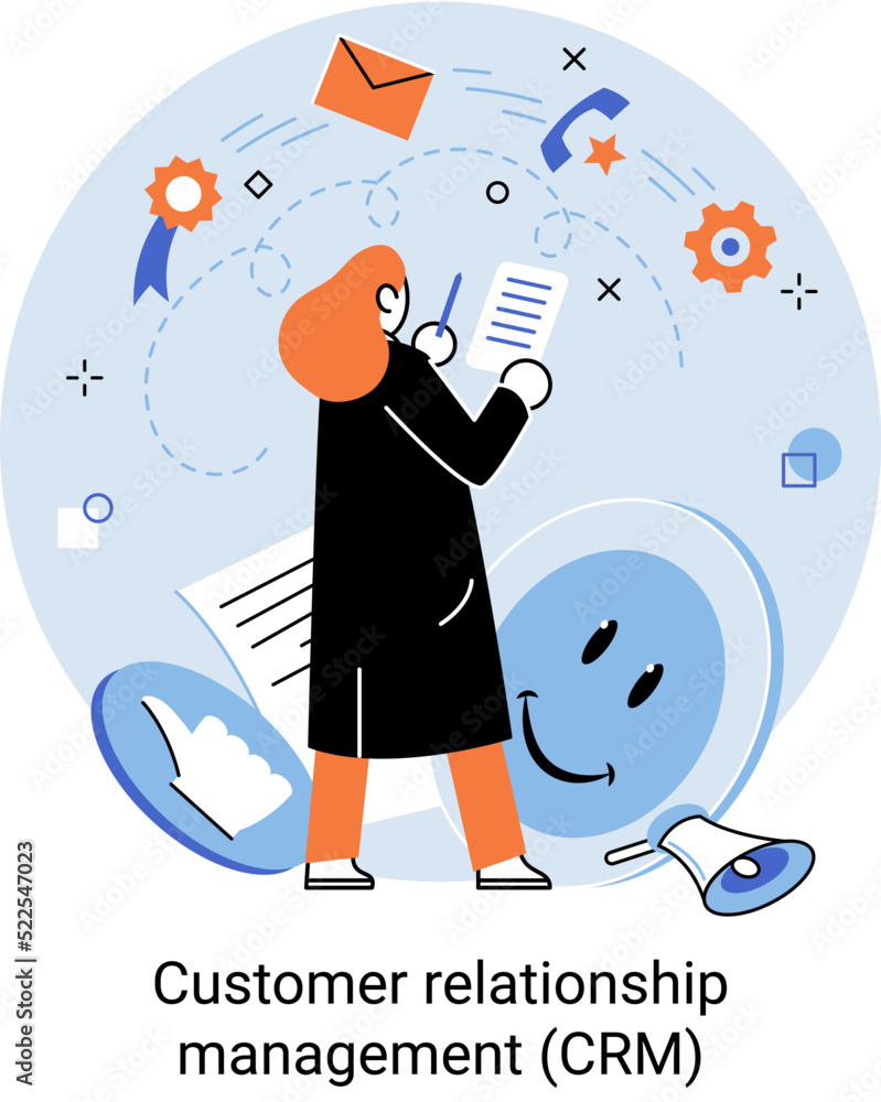 Poster crm concept. customer relationship management. flat icons of accounting system, planning tasks, supp