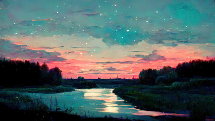 Red sunset landscape, anime, manga, digital art drawing. Romantic painting of a landscape with clouds and stars. Abstract 4k digital image of moody sad, lovely landscape, janapese illustration style.