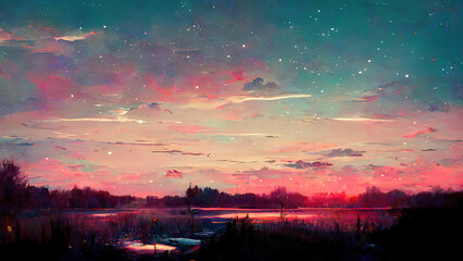 Naklejka premium Red sunset landscape, anime, manga, digital art drawing. Romantic painting of a landscape with clouds and stars. Abstract 4k digital image of moody sad, lovely landscape, janapese illustration style.