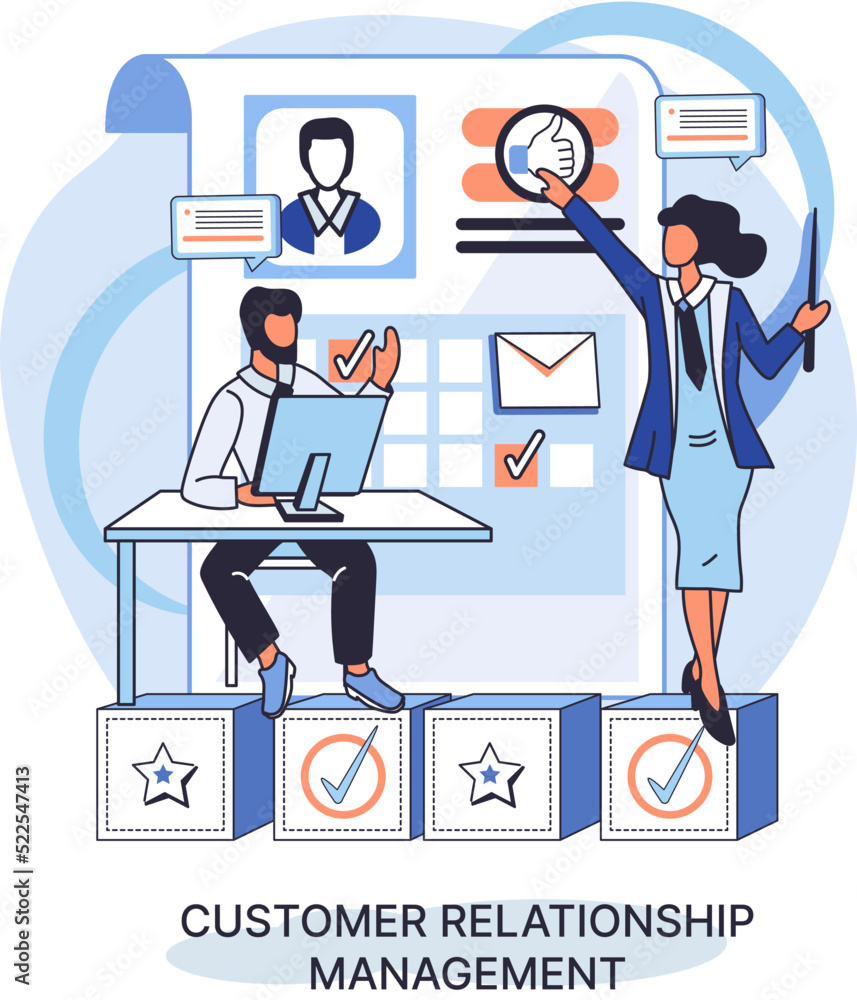 Poster crm metaphor. customer relationship management. application software for organizations automatisatio