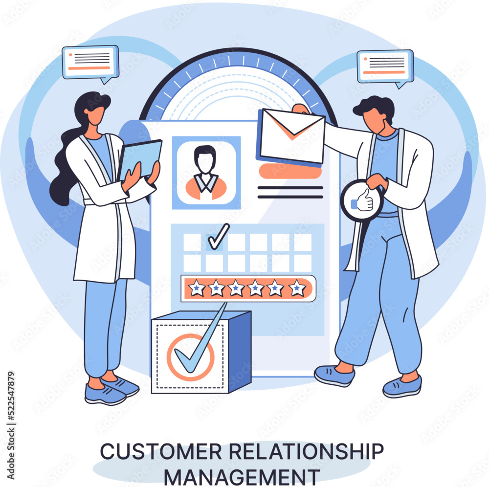 Poster crm metaphor. customer relationship management. application software for organizations automatisatio