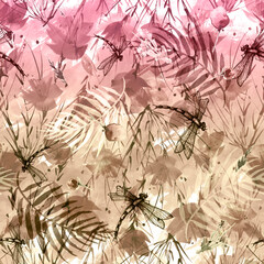watercolor background with, flowers, paint splash. Watercolor card with a picture of dragonfly, flower branch, poppy, peony, sheet,floral pattern.Flower fragrance.Trendy  vintage background