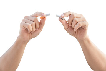 Stop cigarette, man hands breaking the cigarette isolated on white with clipping path