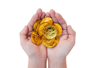 Close up of a bitcoin coins in woman hand isolated on white background with clipping path