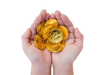 Close up of a bitcoin coins in woman hand isolated on white background with clipping path