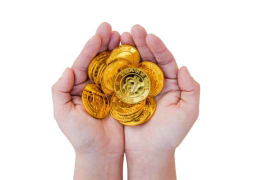 Close up of a bitcoin coins in woman hand isolated on white background with clipping path