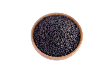 black sesame in wooden bowl isolated on white background with clipping path