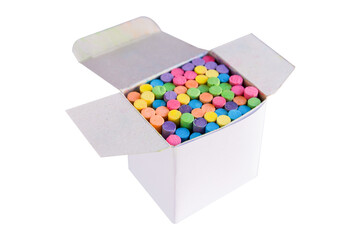 Colorful chalk in a blank cardboard box, Box of chalk for design isolated white background with...