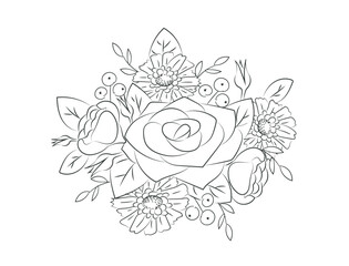 Rose and daisies linear bouquete. Hand drawn ink flowers. Floral botanical composition.