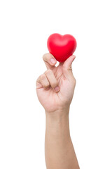 Obraz premium Red heart ball : Stress reliever foam ball the red heart shape on woman hand isolated on white background with clipping path
