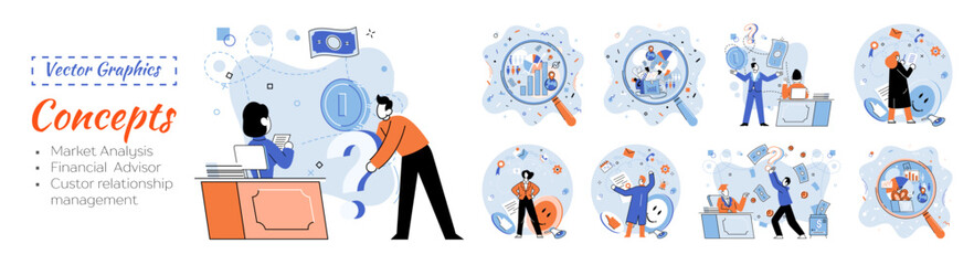 Market statistics analysis, financial advisor, customer relationship management business themes metaphor. Investment money, management planning for customer. Fiscal consultantation, client interaction