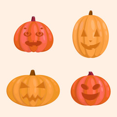Set of cute illustrations of a pumpkin with a Halloween face. Orange and red pumpkin in different shapes. Helloween with a festive pumpkin for an October party. Isolated flat vector illustration