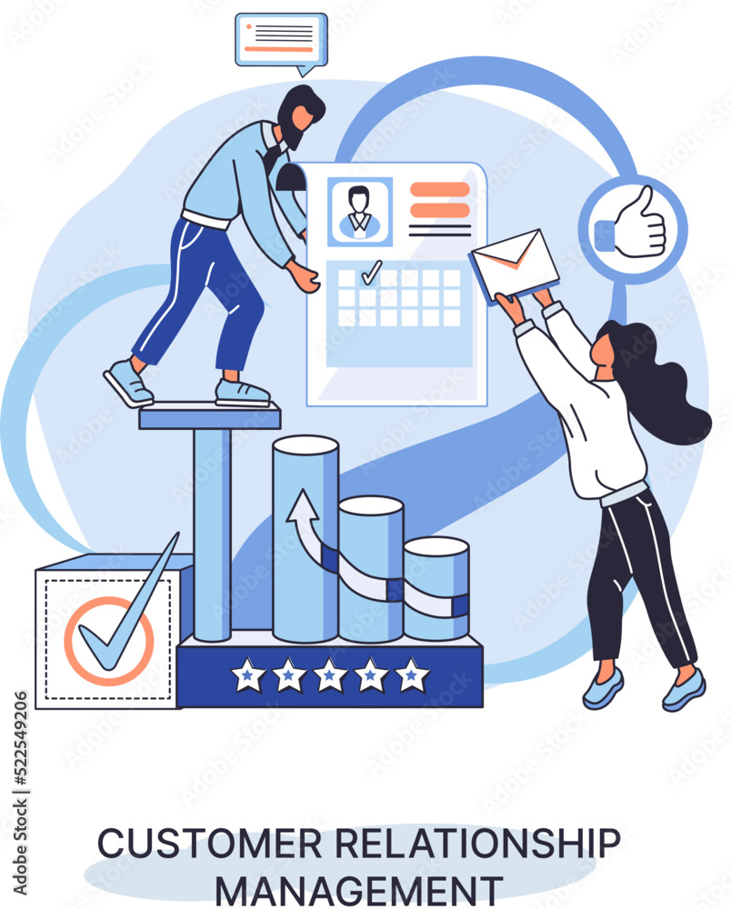 Poster crm metaphor. customer relationship management. application software for organizations automatisatio