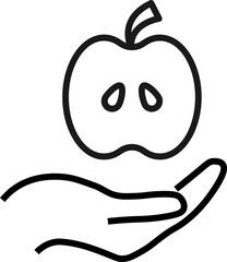 Gift, charity, support symbol. Vector sign drawn with black line. Monochrome image for adverts, banners, stores etc. Line icon of apple over outstretched hand