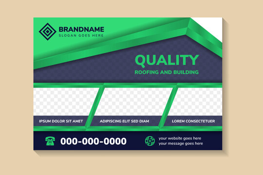 quality roofing and building repair specialist banner design template. construction poster design with photo collage. horizontal layout flyer print ready. blue and green gradient colors element.