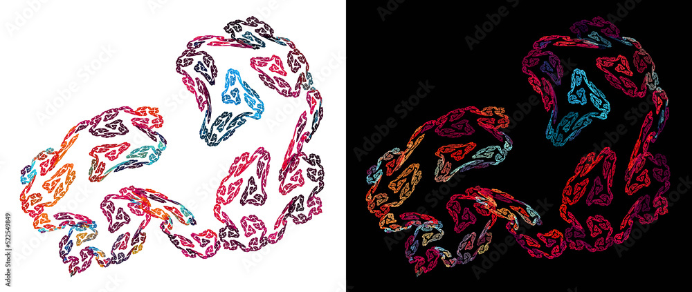 Poster colorful spirals connect and create whimsical patterns on white and black backgrounds. set of abstra