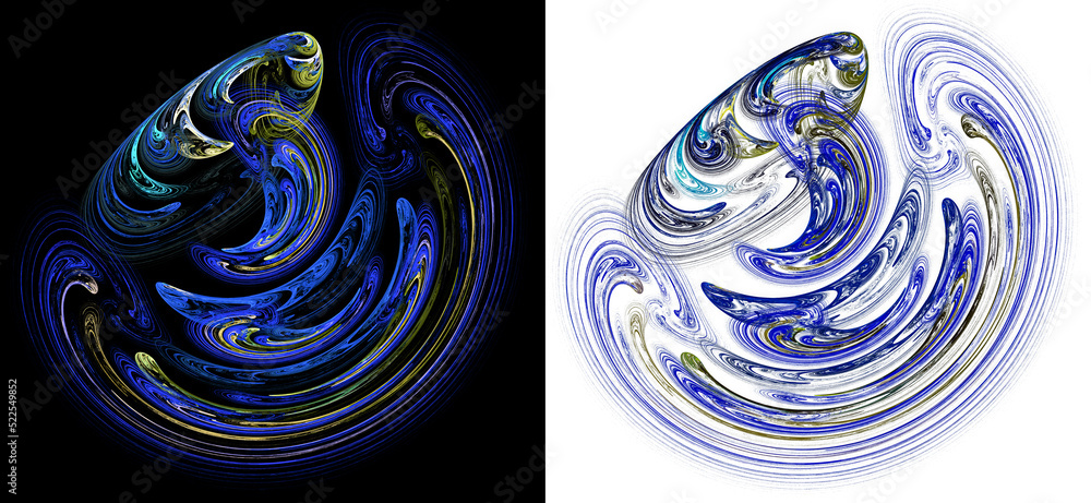 Poster blue-yellow swirls have ordered shapes on white and black backgrounds. set of abstract fractal backg