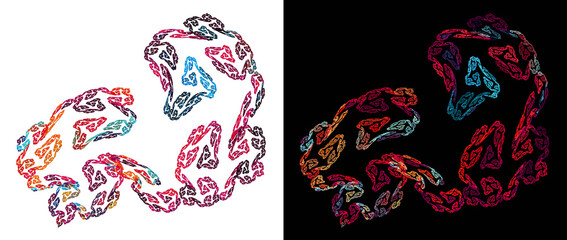 Fototapeta premium Colorful spirals connect and create whimsical patterns on white and black backgrounds. Set of abstract fractal backgrounds. 3d rendering. 3d illustration.