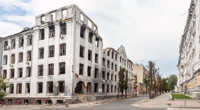 Destroyed houses on the streets of Kharkiv. War in Ukraine