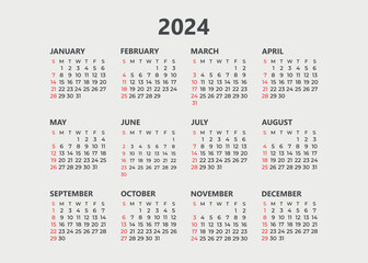2024 Calendar. Calendar design in black and white colors, Sunday in red colors. Vector