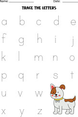 Worksheet with cute dog. Trace lowercase letters of alphabet.