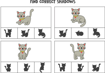 Find correct shadow of cute cats. Printable clip card games for children.