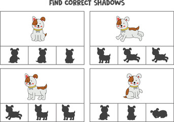 Find correct shadow of cute dogs. Printable clip card games for children.