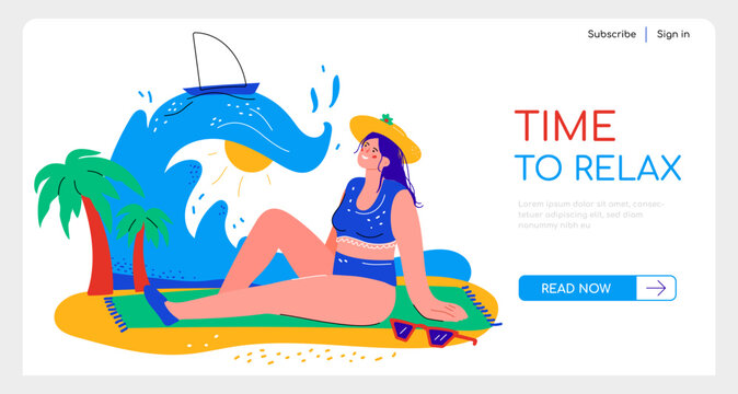 Time to relax on the beach - flat design style banner