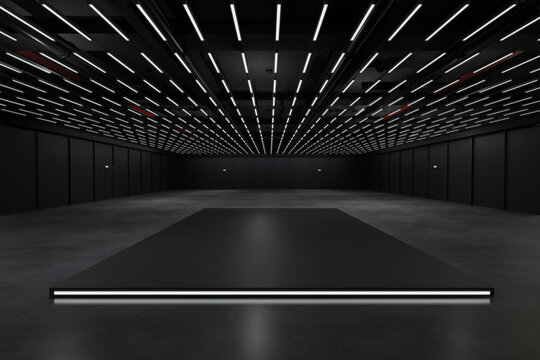 Empty hall exhibition for stage Design,mockup,Product display and Corporate identity.Platform elements in hall.Blank floor system for Graphic Resources.Scene event led night light staging,3D render.