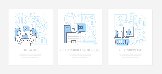 Fototapeta na wymiar Food shortage and hot meals - line design style banners set