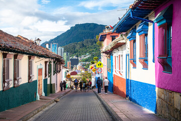 colorful street of la candelaria district in bogota, colombia - obrazy, fototapety, plakaty