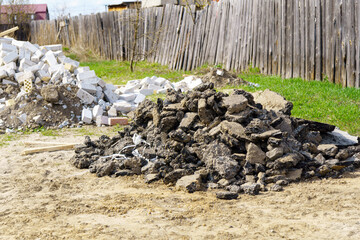 Crushed rock pile for construction, stone pile. large pile of concrete scraps. Selective focus