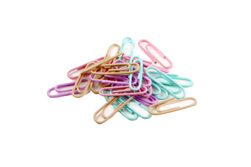 Close up of multicolored paper clips isolated on a white background. Back to school.