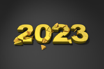 Crumbled letters on a black background. gold texture. 2023 characters. Letters made in three dimensions. Gothic lettering.
