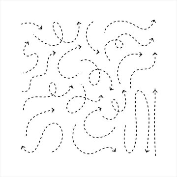 Clean dot arrows style doodle set hand drawn. Curve Dotted line, preliminary