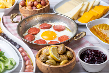 Traditional delicious Turkish breakfast, food concept photo.