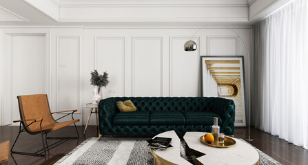 interior mock-up with green sofa, table and decor in living room, 3d rendering