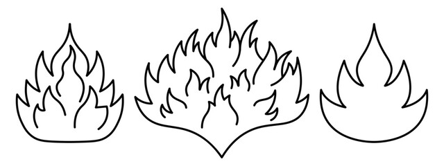 Fototapeta premium Fire flames of various shapes. Burning bonfire. Sketch. Set of vector illustrations. Hot tongues of fire. Coloring book for children. Isolated background. Doodle style. Idea for web design.