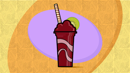 Acai berry and kiwi in cup illustration banner with yellow orange and purple background
