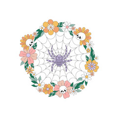 Spooky skull flower wreath spider tarantula cobweb vector illustration isolated on white. Retro 60s 70s round frame. Boho hippie groovy floral arachnid arrangement for Halloween.