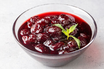 Jars with freshly homemade cherry jam, sour cherry jam, Turkish name; Visne receli