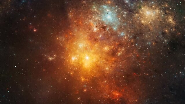 Space background. Flying through orange and gold nebula with stars field. Digital animation, 3D rendering