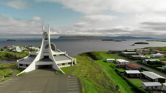 Stykkisholmur church in Iceland, aerial view in summer season