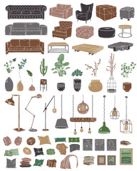 Living room creation kit. Flat interior set loft style. Furniture and comfortable cozy home accessories. Doodle collection with sofa, armchair, table, pot, plant, lamp, pillow. Vector illustration © art_alexandra