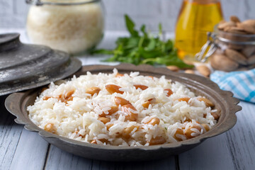 Traditional delicious Turkish food; Almond rice pilaf (Turkish name; Bademli pirinc pilavi)