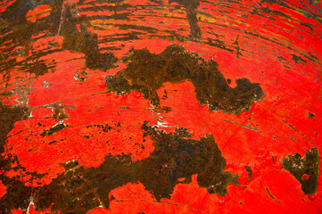 Rusty and dirty metal surface with old red paint.